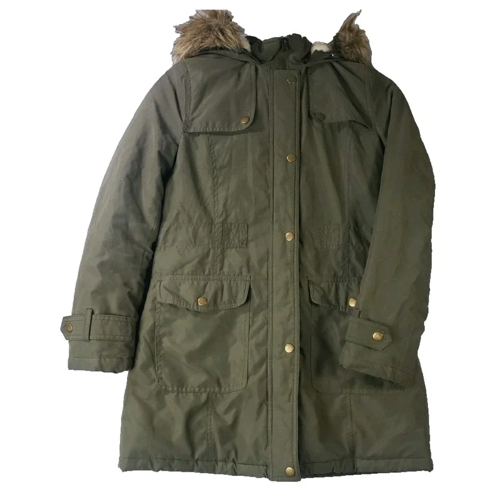 Rothschild Girls Size 14 Olive Green Hooded Parka Coat Faux Fur Trim Jacket